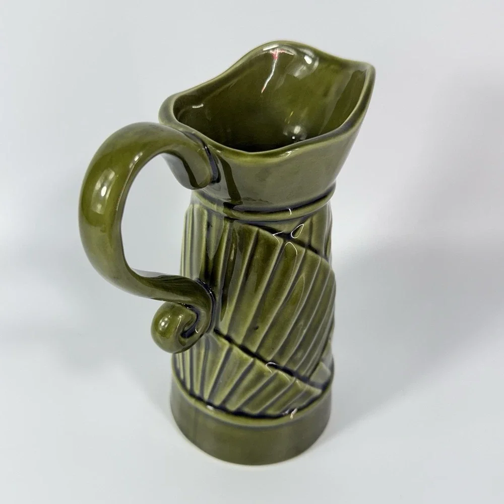 Mid Century Modern MCM Pitcher Vintage Avocado Green Geometric Ceramic 1970s‎